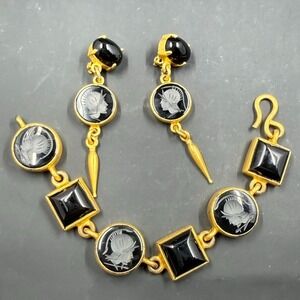 Jay Feinberg Black Glass Intaglio Cameo Bracelet & Earrings Set 7.5"/3" Sterling